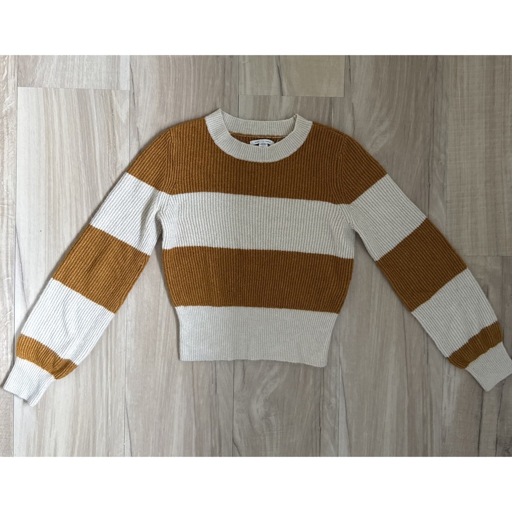 American Eagle Striped Crewneck Sweater Mustard Yellow Cream S Cropped Knit